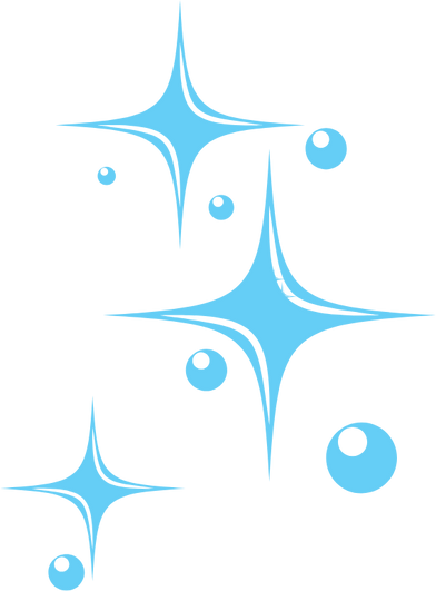 Three large and three small blue sparkle shapes with circular accents on a transparent background.