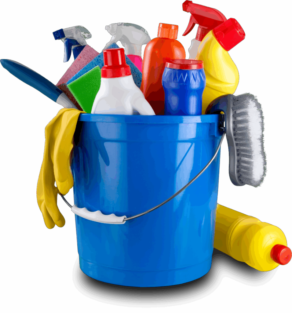 A blue bucket filled with various cleaning supplies, including spray bottles, sponges, a brush, rubber gloves, and cleaning liquids.