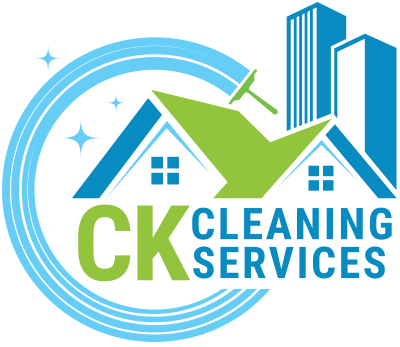 Logo for CK Cleaning Services featuring a house with a squeegee, sparkling stars, and tall buildings in blue and green tones.