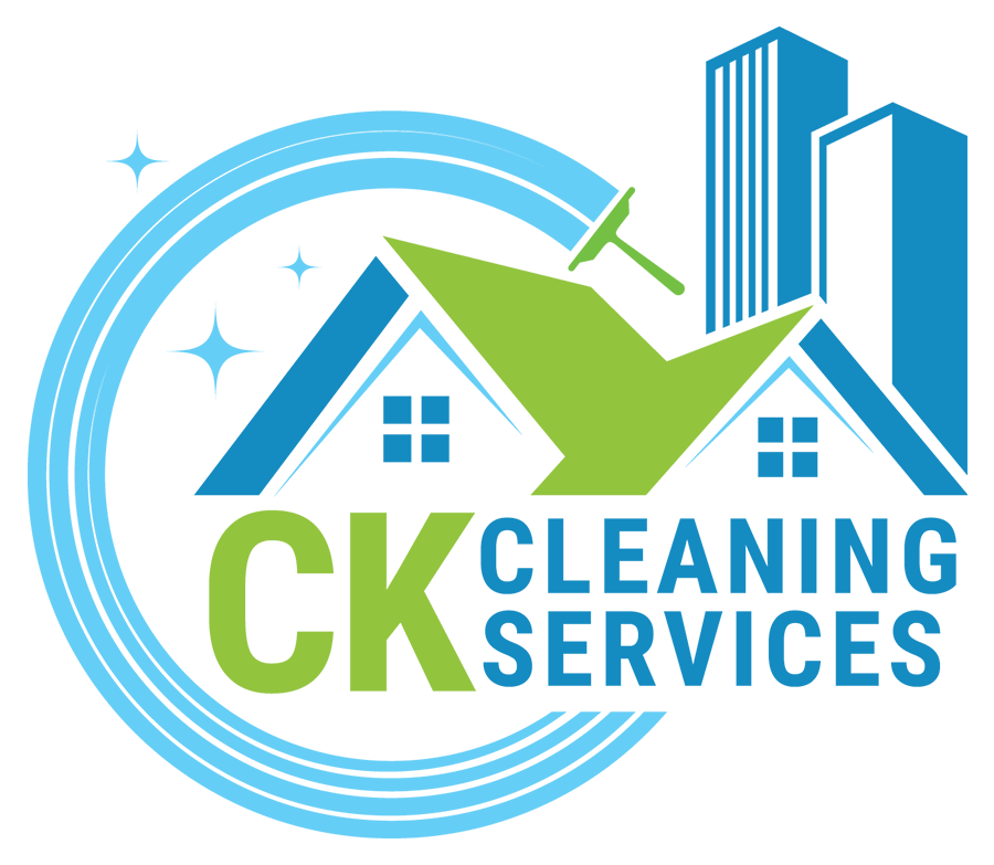 Logo for CK Cleaning Services featuring stylized rooftops, buildings, sparkling effects, a squeegee, and the company name in bold green and blue text.