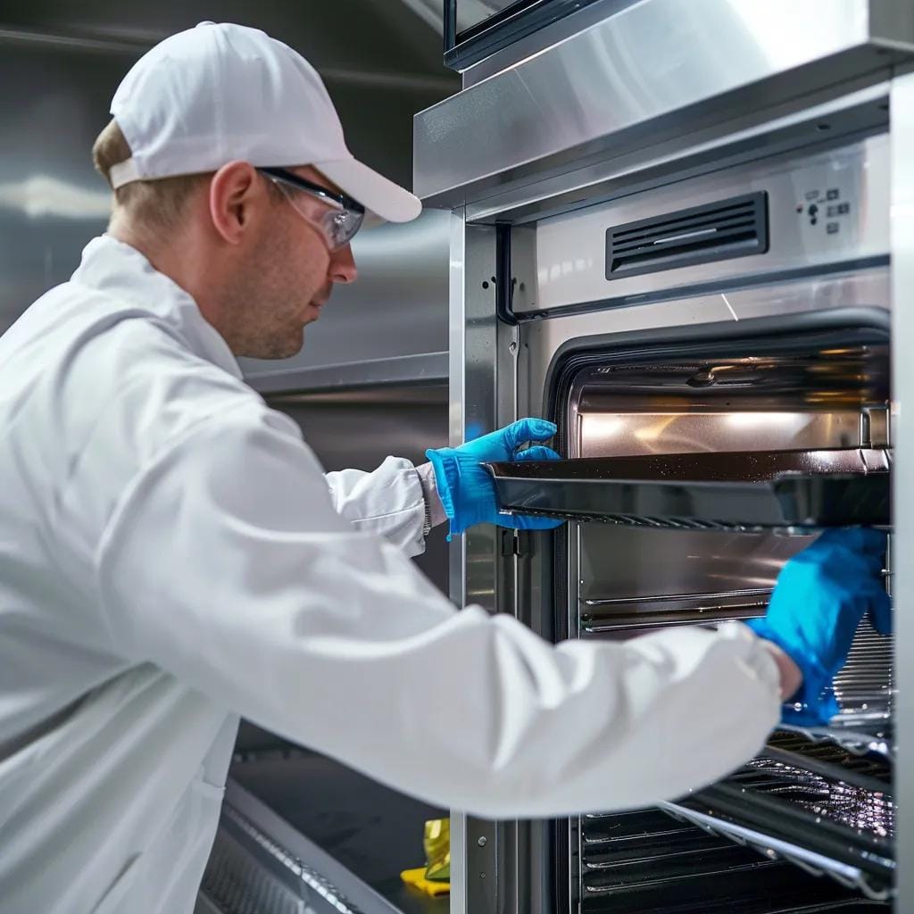 Professional cleaner deep cleaning an oven, illustrating key tasks in move-out cleaning services