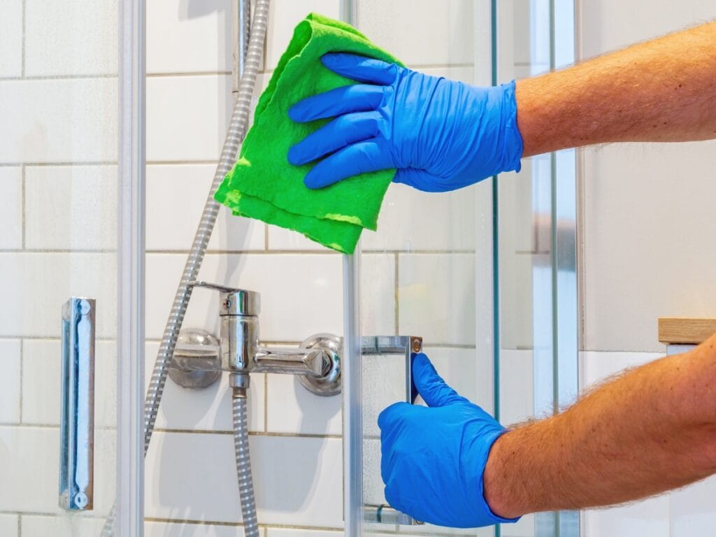 Person wearing blue gloves cleaning a glass shower door with a green cloth in a tiled bathroom, as part of move-in move-out cleaning services.