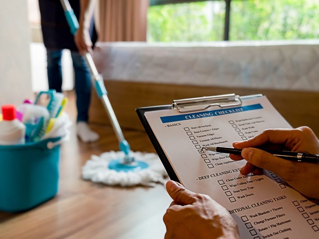 A person holds a cleaning checklist on a clipboard while another mops the floor near a bed; a bucket with supplies sits nearby—perfect for thorough move-in move-out cleaning services.