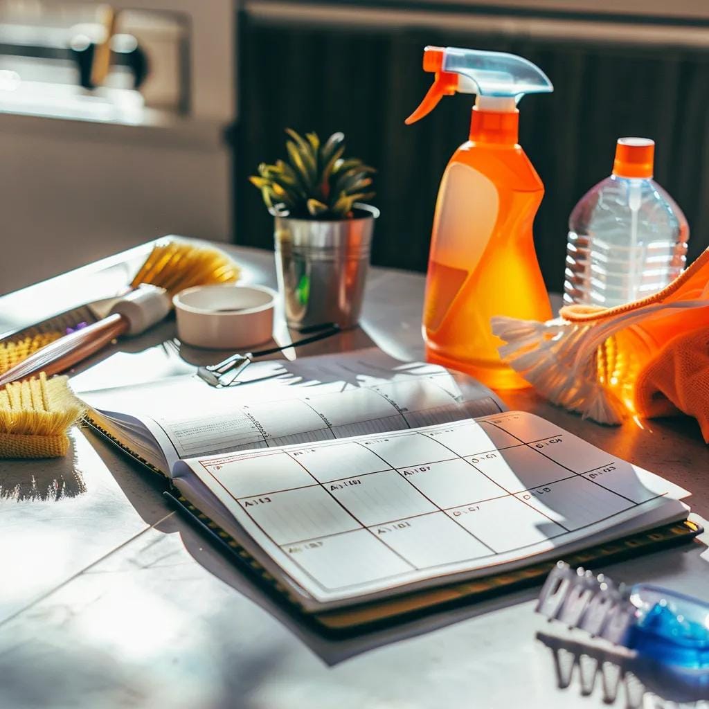 Organized planner with cleaning supplies illustrating holiday cleaning schedule