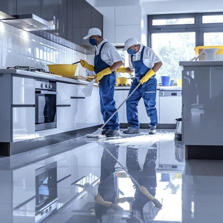 Professional cleaning team sanitizing a kitchen, highlighting move-in cleaning services