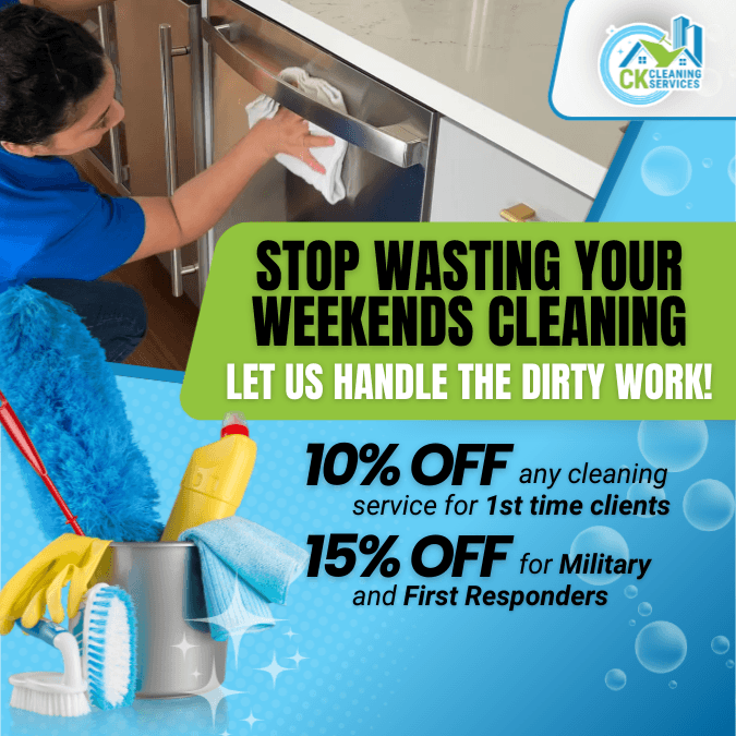A person cleans a stainless steel dishwasher; cleaning supplies and a promotional ad for CK Cleaning Services offering discounts are displayed.