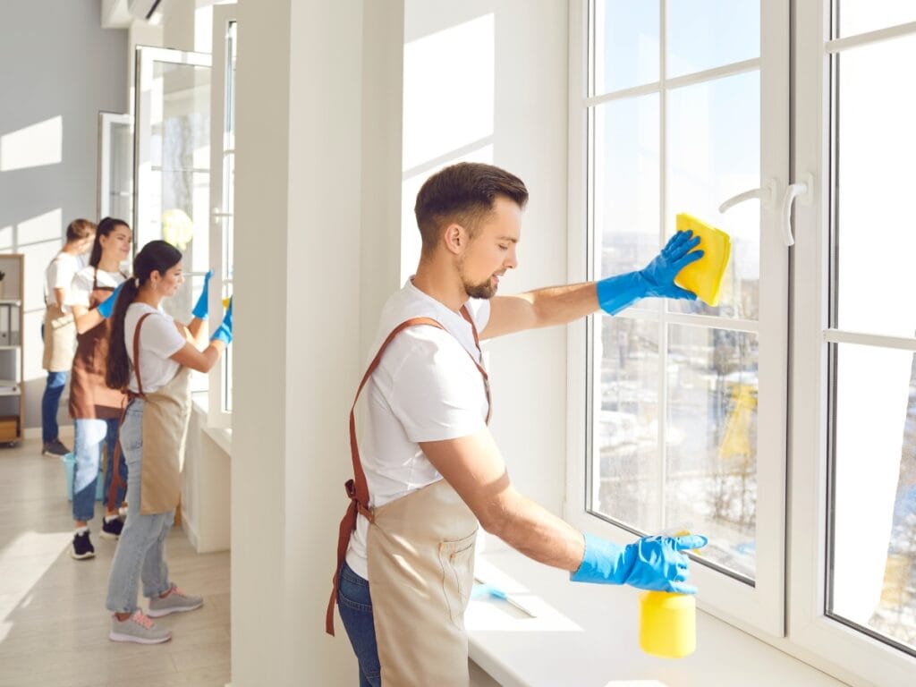 Four people wearing aprons and gloves clean large windows in a bright room, using sponges and cleaning supplies in daylight, much like a team you might hire—ever wondered How Do Cleaning Services Charge for such detailed work?.