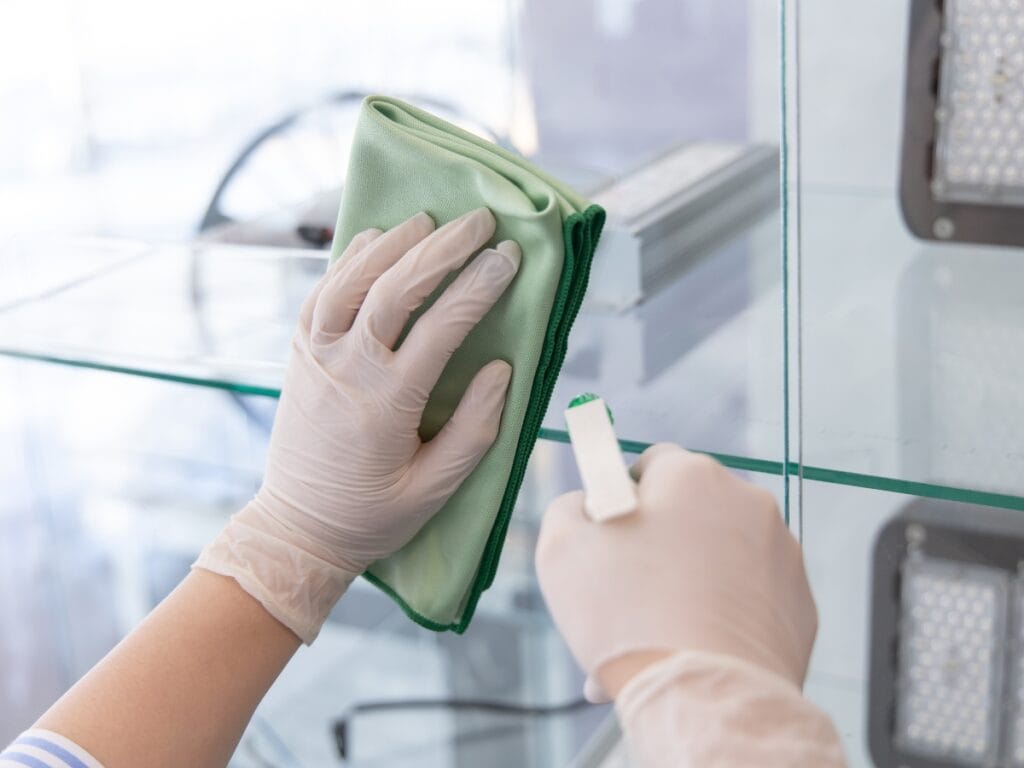 A person wearing disposable gloves cleans a glass shelf with a green microfiber cloth, reflecting the attention to detail you can expect when wondering how do cleaning services charge for thorough tasks like this.