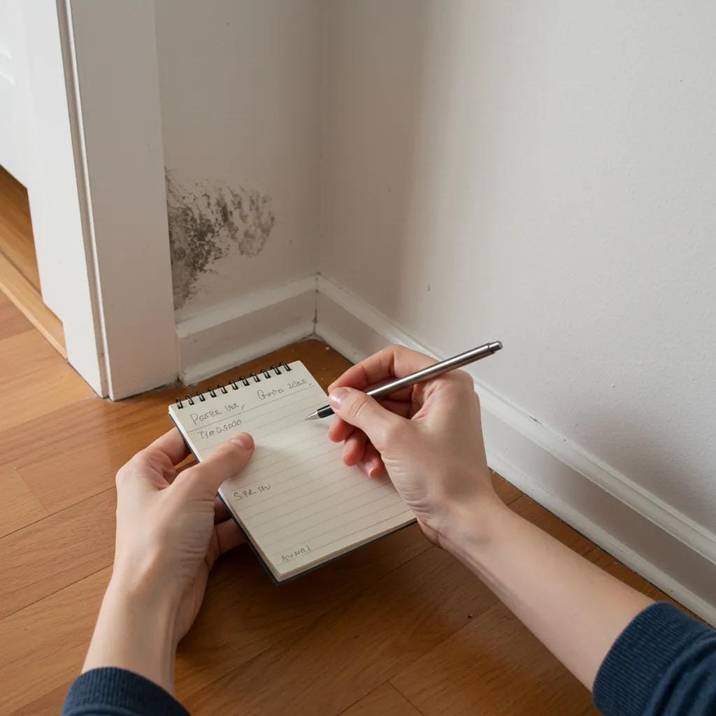 A person carefully documenting cleaning imperfections with photos and notes in a home environment