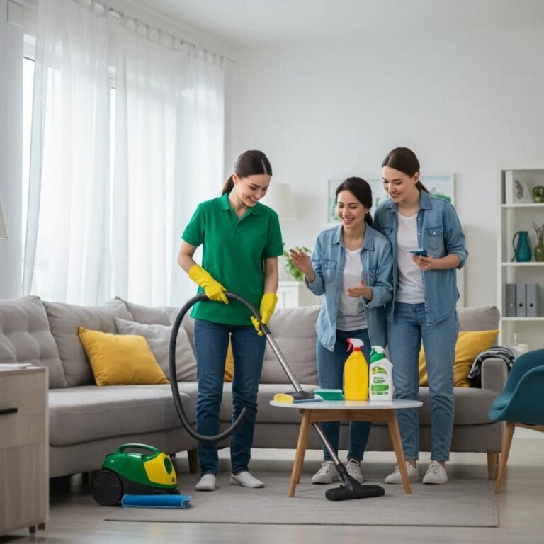 Professional cleaning service in a bright living room, showcasing satisfaction and cleanliness