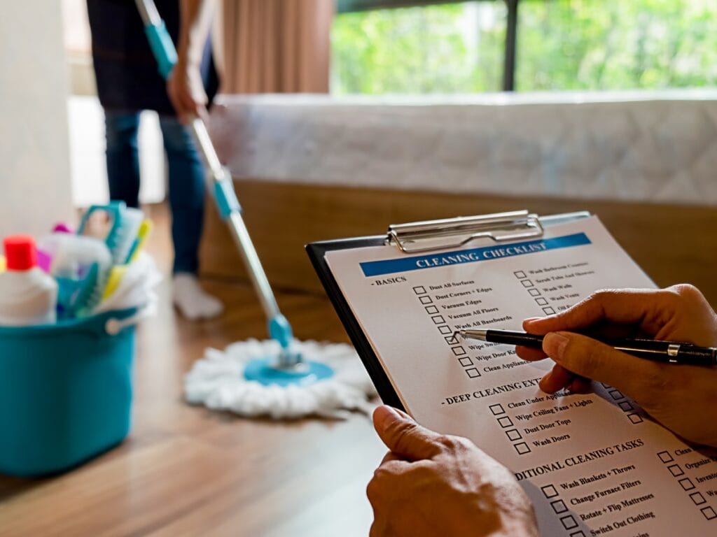 A person holds a cleaning checklist on a clipboard while another mops the bedroom floor; a blue cleaning supplies bucket is nearby—ideal if you've ever been unhappy with cleaning services and want thorough results.