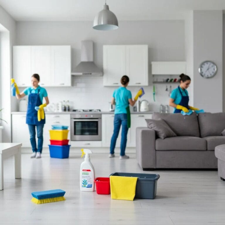 Professional cleaning team in a bright kitchen, showcasing move-in and move-out cleaning services