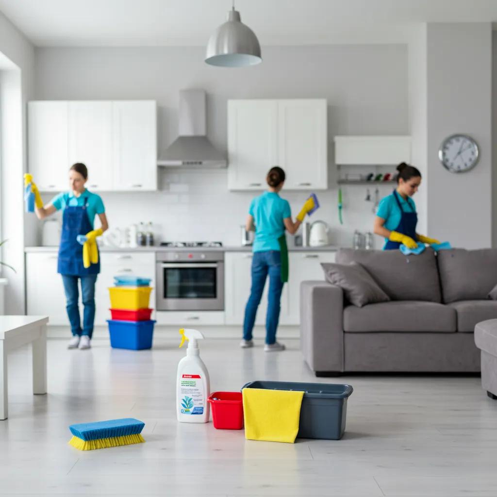 Professional cleaning team in a bright kitchen, showcasing move-in and move-out cleaning services