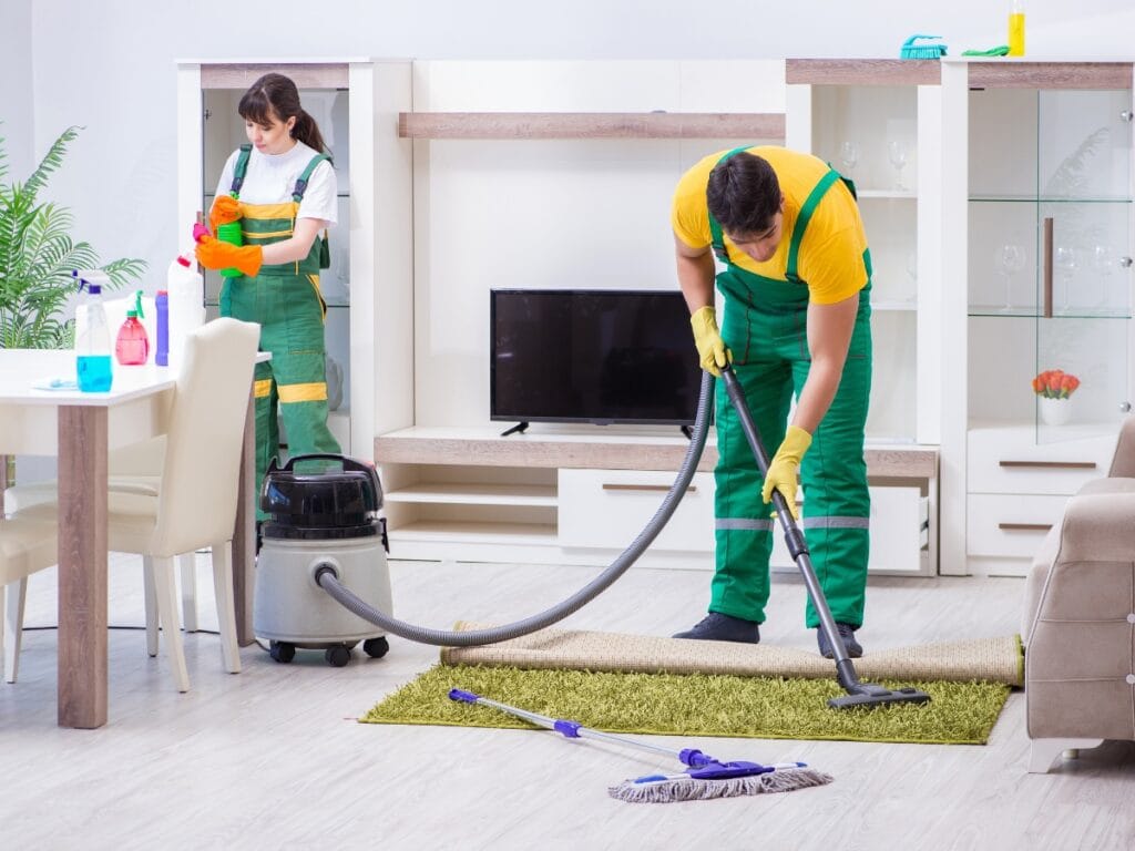 Two people in green uniforms clean a living room; one vacuums the rug while the other wipes a table with cleaning supplies nearby, highlighting the difference between deep cleaning vs regular cleaning.