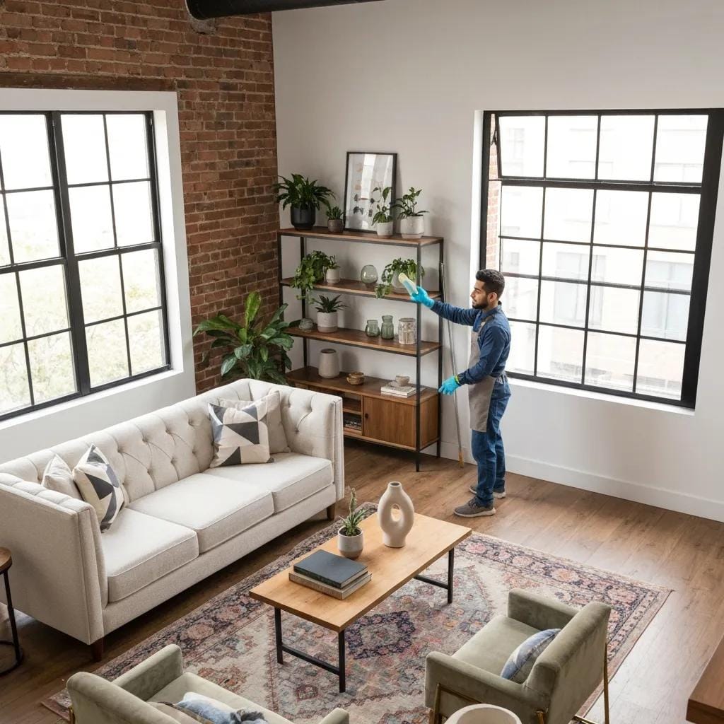 Professional cleaner dusting a shelf in a bright living room, emphasizing eco-friendly cleaning services