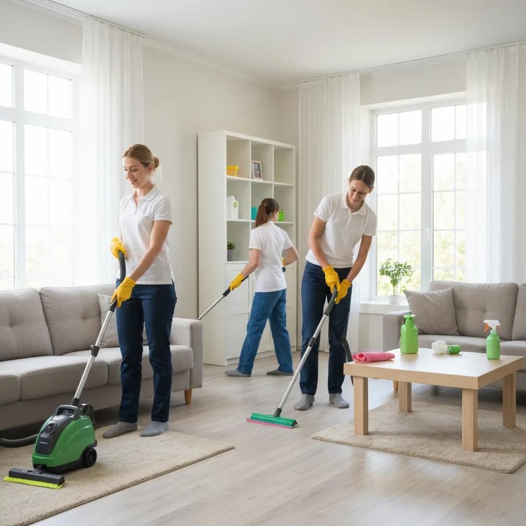 Professional cleaning team in a bright living room, showcasing the benefits of house cleaning services