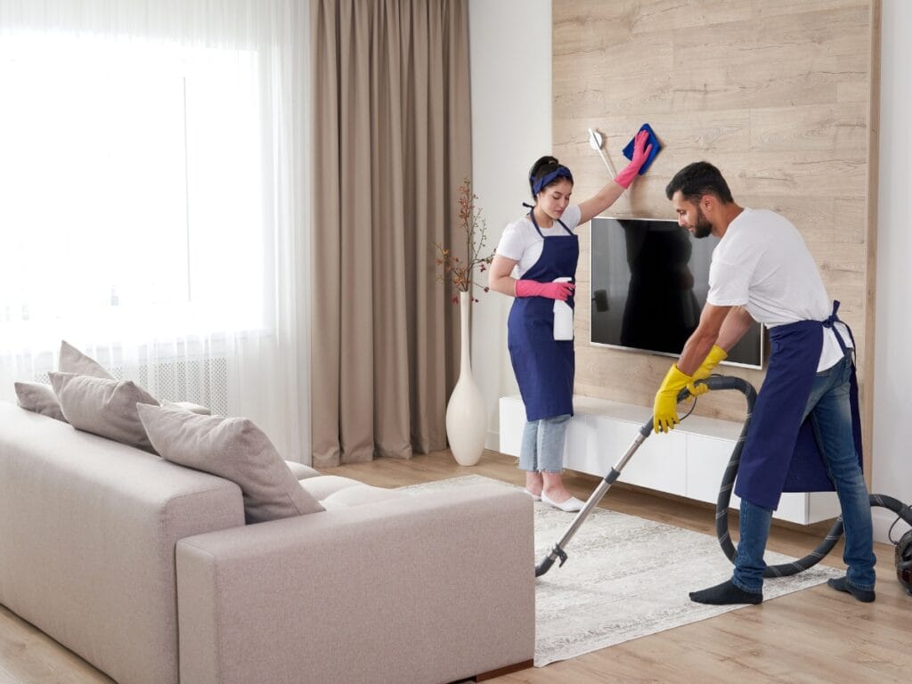 Two people wearing aprons and gloves are providing professional house cleaning; one is vacuuming the floor while the other wipes down a television mounted on a wooden wall.