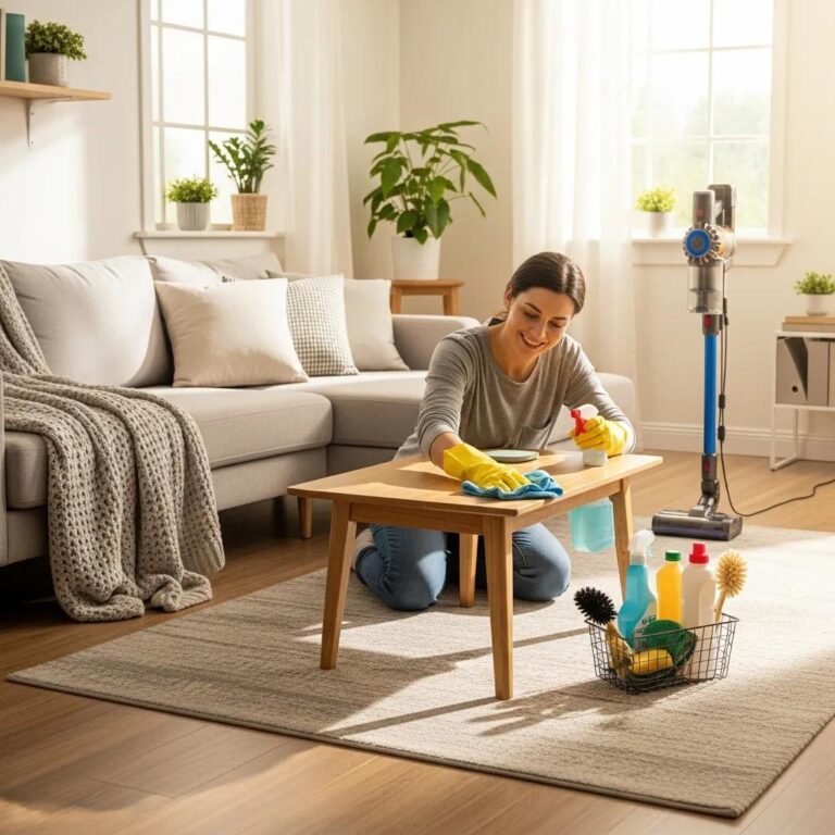 Bright living room with a person cleaning, emphasizing home organization and cleanliness
