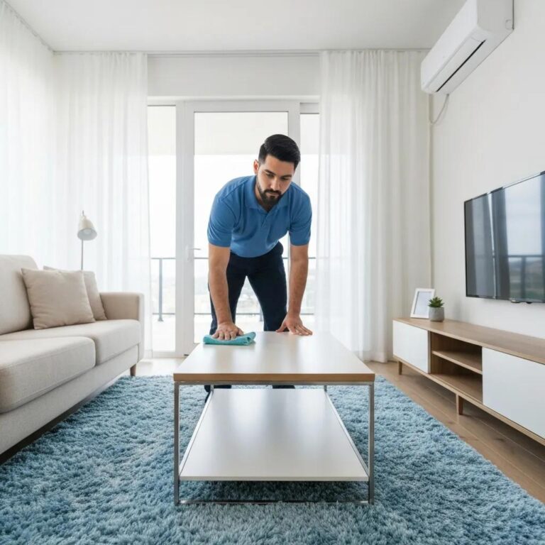 Professional cleaner in a bright living room using eco-friendly products, emphasizing cleanliness and organization