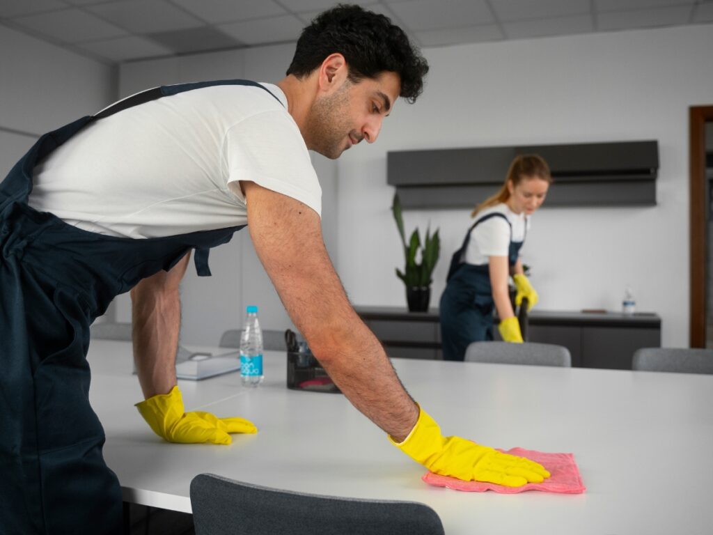 Two people wearing uniforms and yellow gloves use advanced techniques to clean a large white table in an office setting; cleaning supplies are visible on the table.