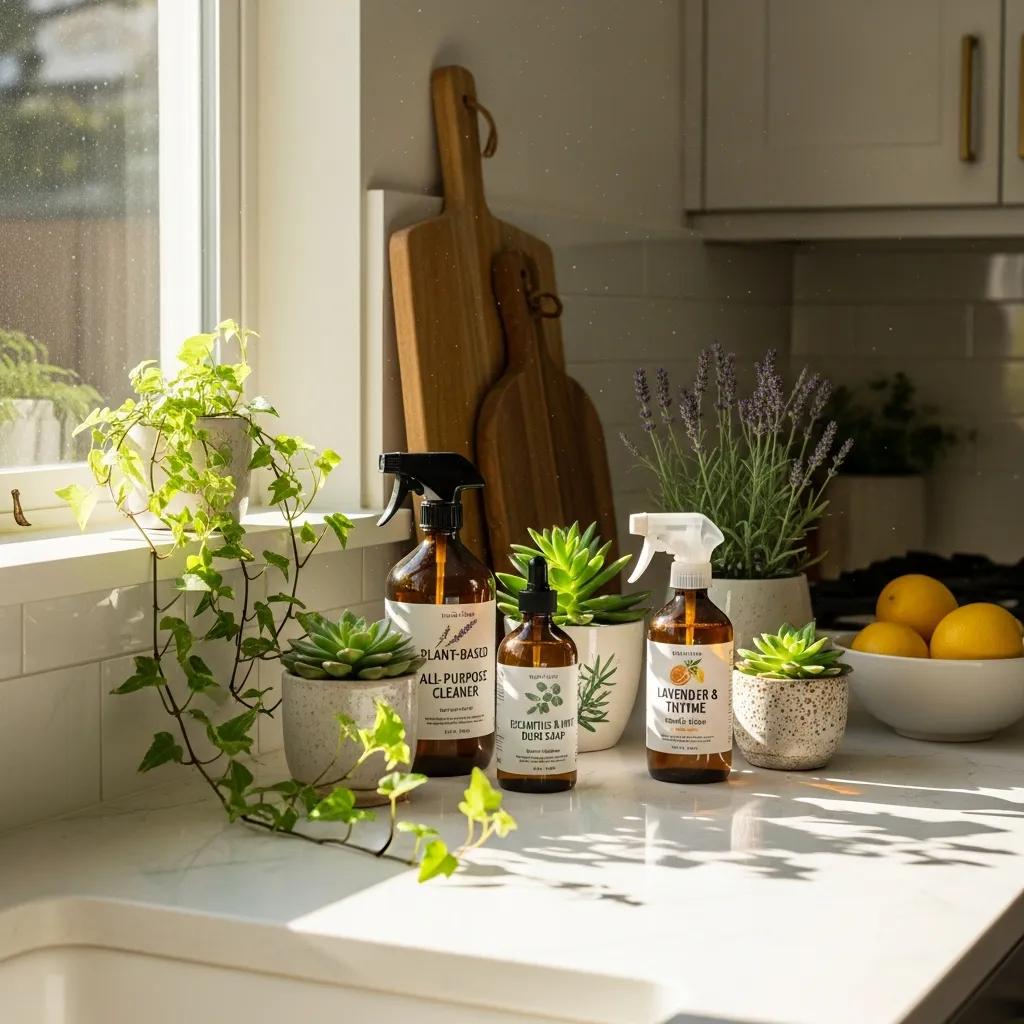 Eco-friendly cleaning products on a kitchen counter promoting indoor air quality