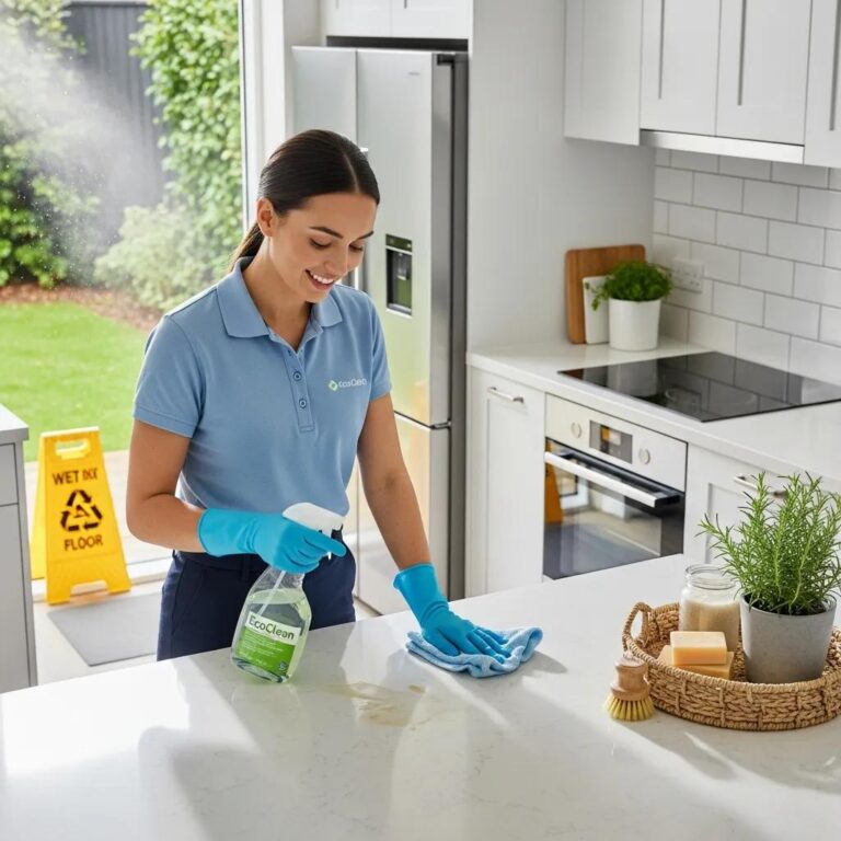 Modern cleaning service using eco-friendly products in a bright home environment