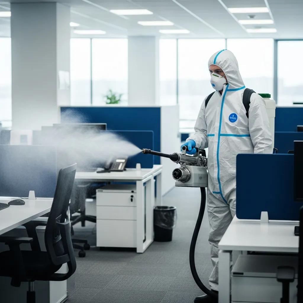 Professional using electrostatic spraying for disinfection in a commercial space